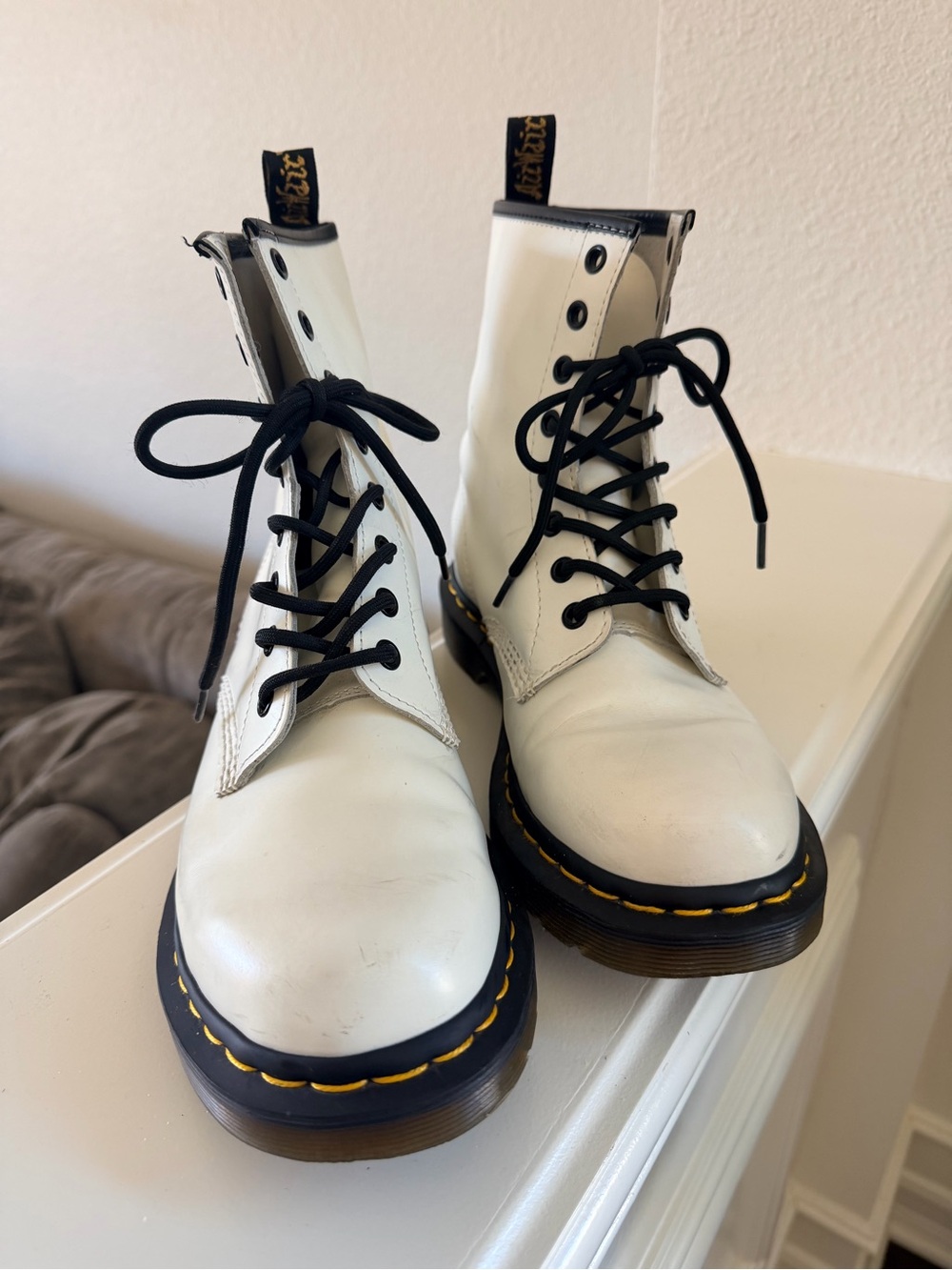 Dr. Martens White Leather Lace-Up Boots with Black Laces